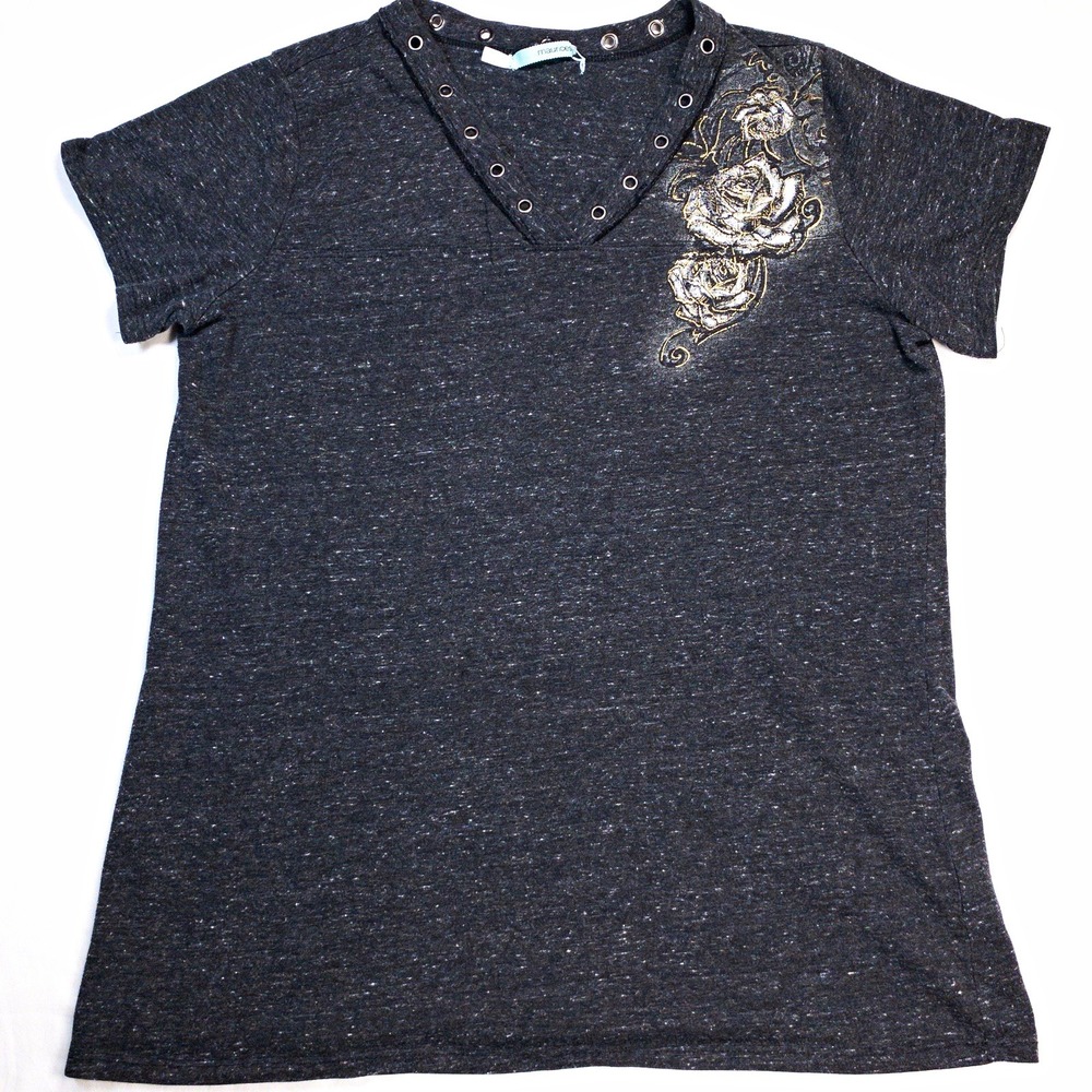 Maurices Womens L Gray V-Neck Short Sleeve Angel Wings Rose Grommet T-Shirt